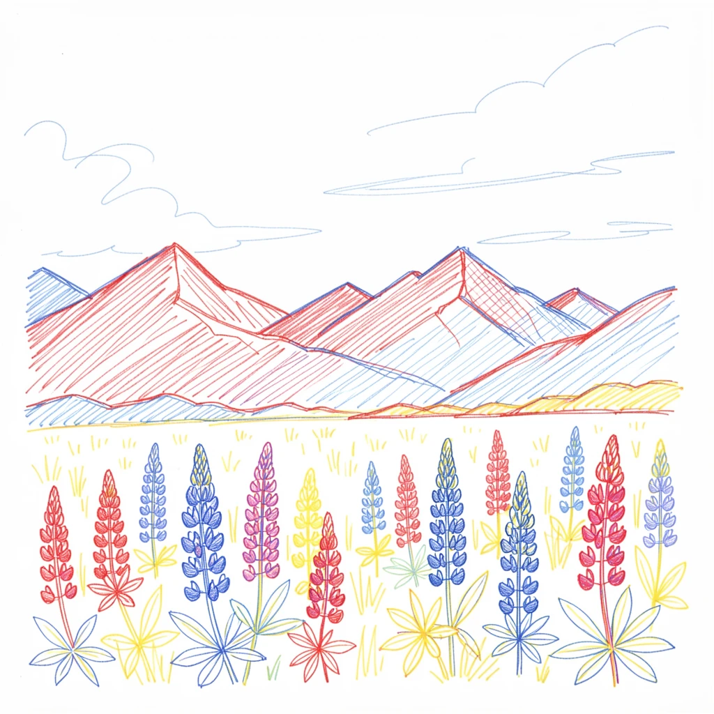 A field of lupines in purple and blue stretching beneath a wide mountain sky