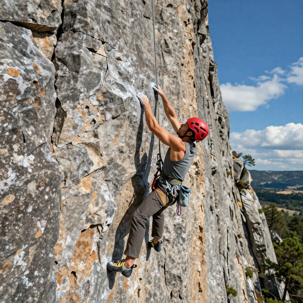 A rock climber gripping a sheer granite cliff face