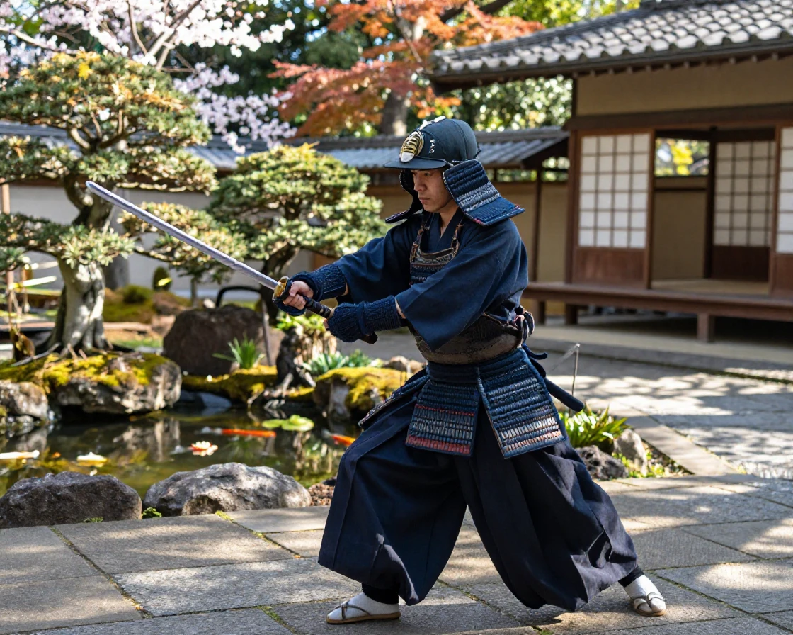 A samurai reenactor demonstrates sword forms in a quiet Japanese garden.