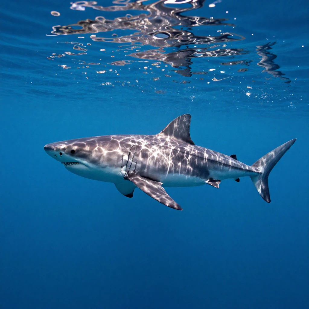 A great white shark gliding silently beneath the surface of a clear blue ocean