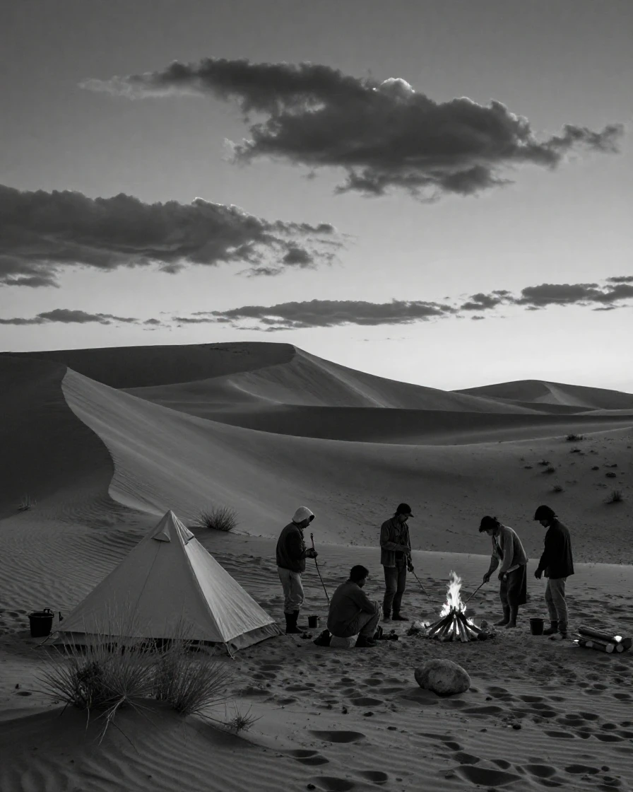 A group of nomads sets up camp beside the dunes at dusk under a brilliant desert sky.