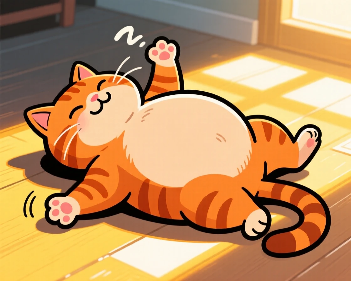A playful pet moment featuring a chubby orange tabby cat sprawled belly-up in a sunbeam, one paw twitching mid-dream.