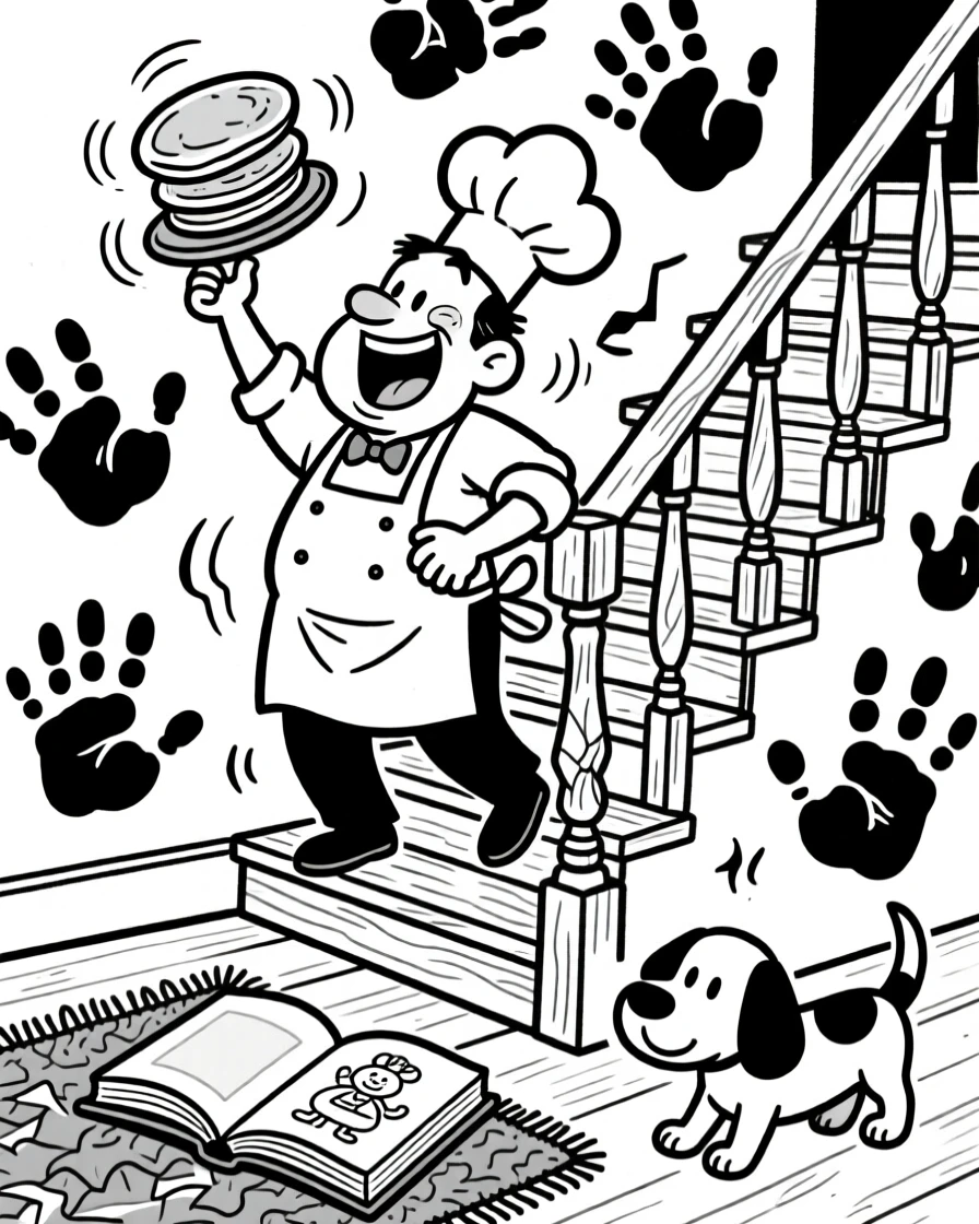 A dad flipping pancakes with a chef's hat askew, laughing so hard the sound turns into a snort, set on a squeaky staircase decorated with handprint art. A dog-eared storybook lies open on the rug. The scene radiates the warm chaos of everyday family love.