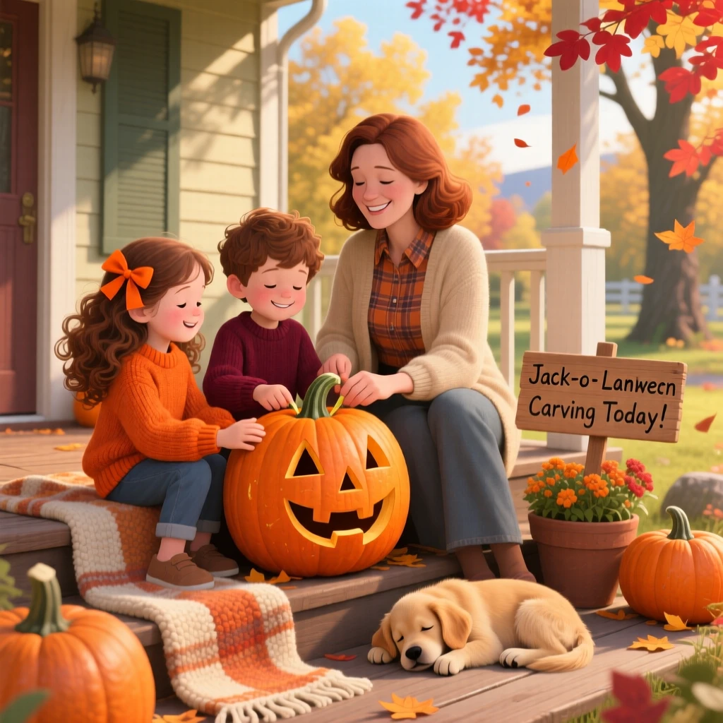 Twin siblings spends the afternoon carving a jack-o'-lantern on the porch with her mother, while a puppy dozes nearby.