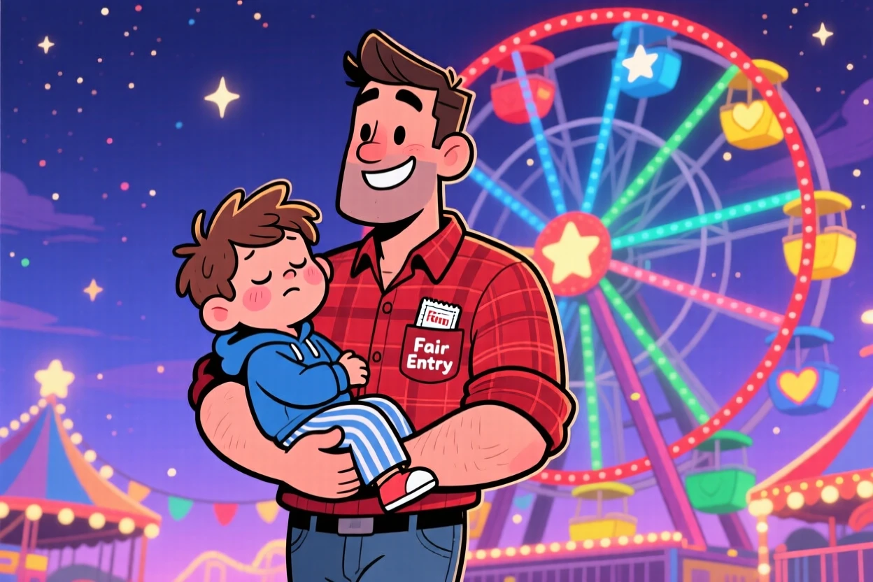 A father carrying his sleepy son home from a fair, ferris wheel glowing behind them.
