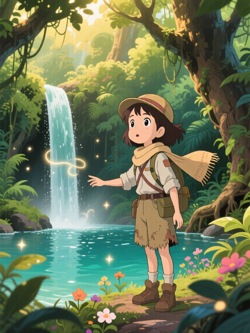 An explorer discovering a hidden waterfall deep in the jungle, the moment charged with curiosity.