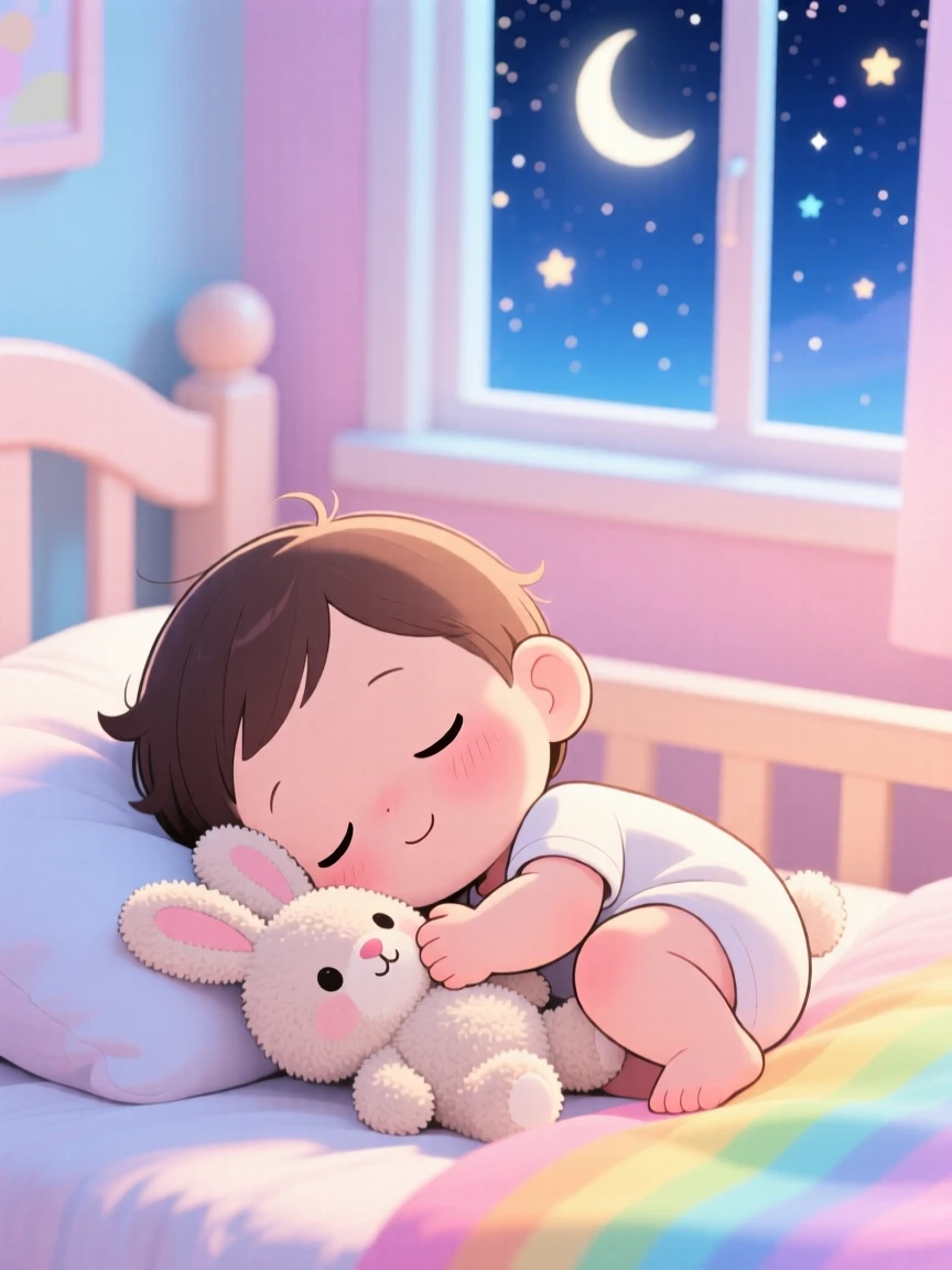 Extreme close-up of a toddler, napping curled up with a stuffed rabbit, in a soft afternoon nursery, under a starry midsummer night sky, illuminated by bright rainbow-tinted light, radiating quiet contentment.