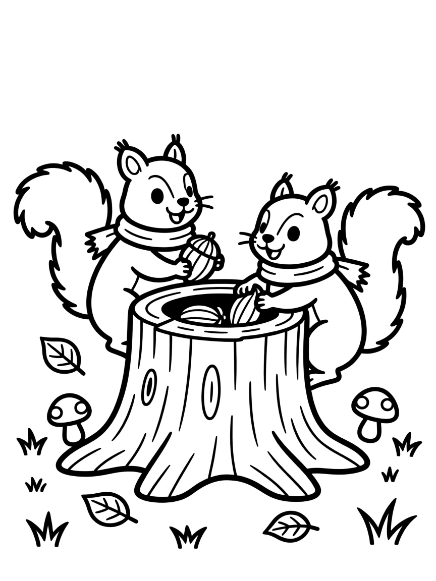 A pair of chipmunks storing nuts inside a tree stump