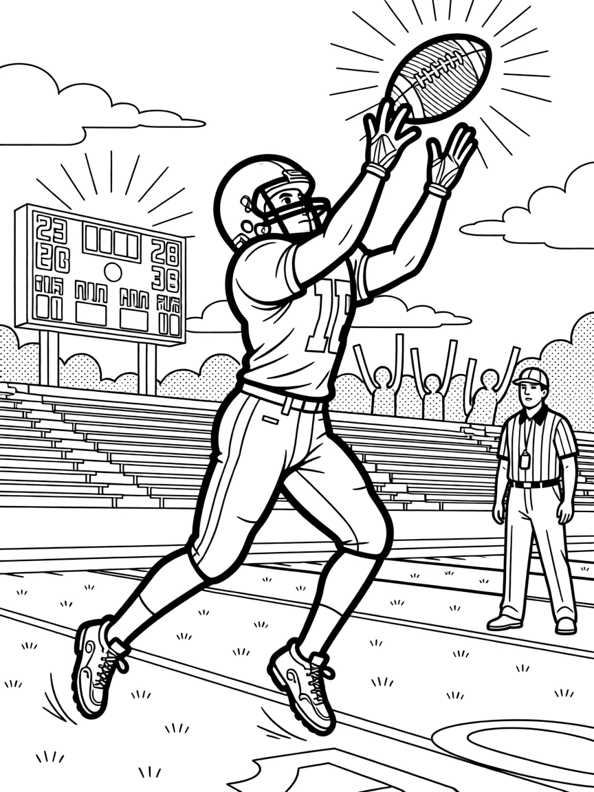 A football player catching a pass mid-air, with a scoreboard glowing in the distance.