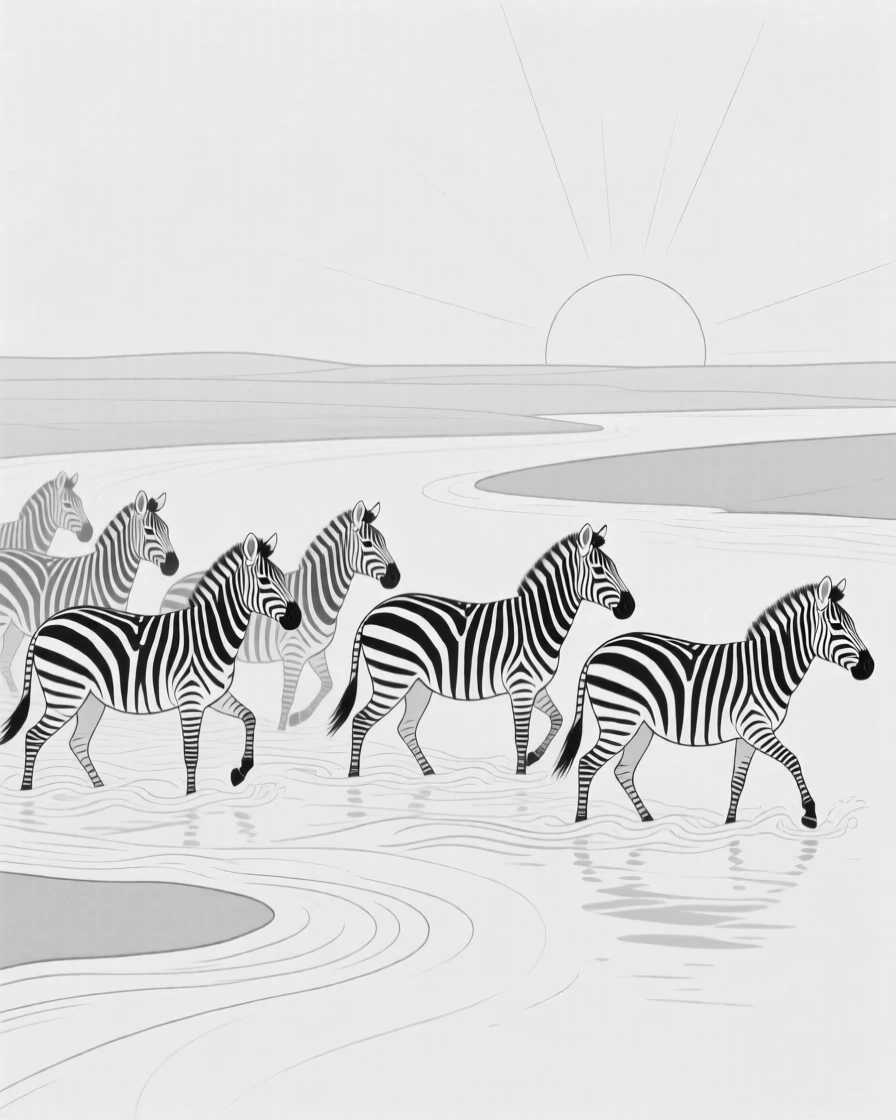 A herd of zebras crossing a river at sunset