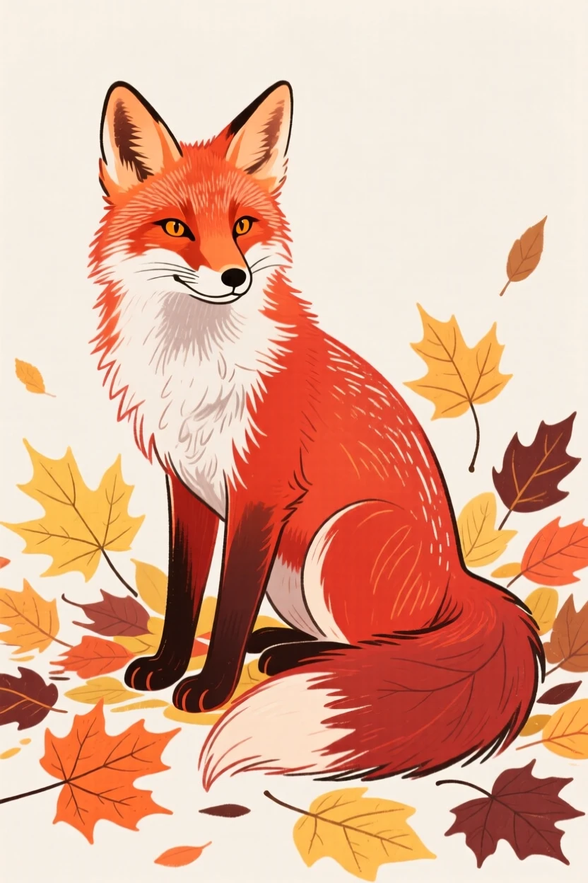 A red fox in autumn leaves.