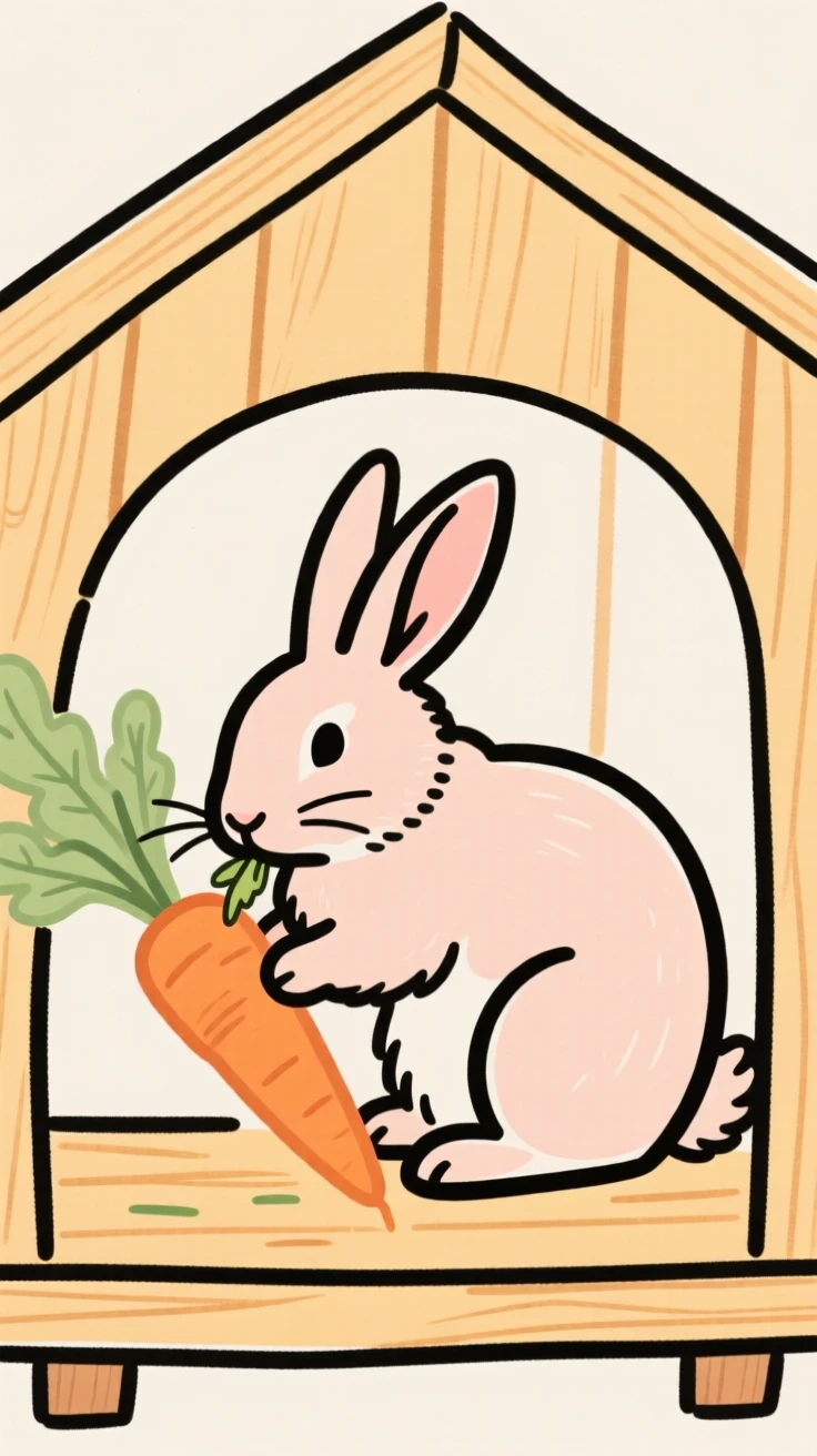 A rabbit nibbling on a carrot inside a cozy hutch.
