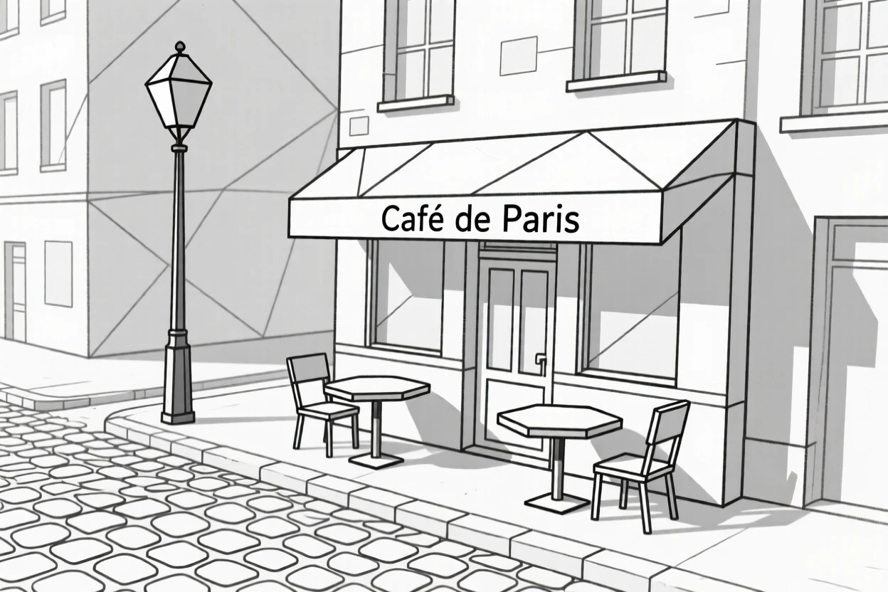 A Parisian café scene along a cobblestone street