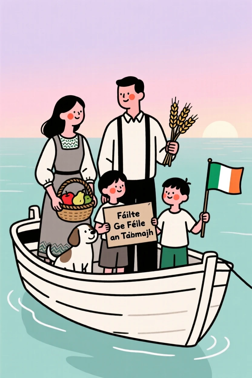 A family of Irish heritage celebrating a harvest festival, on a fishing boat at dawn.
