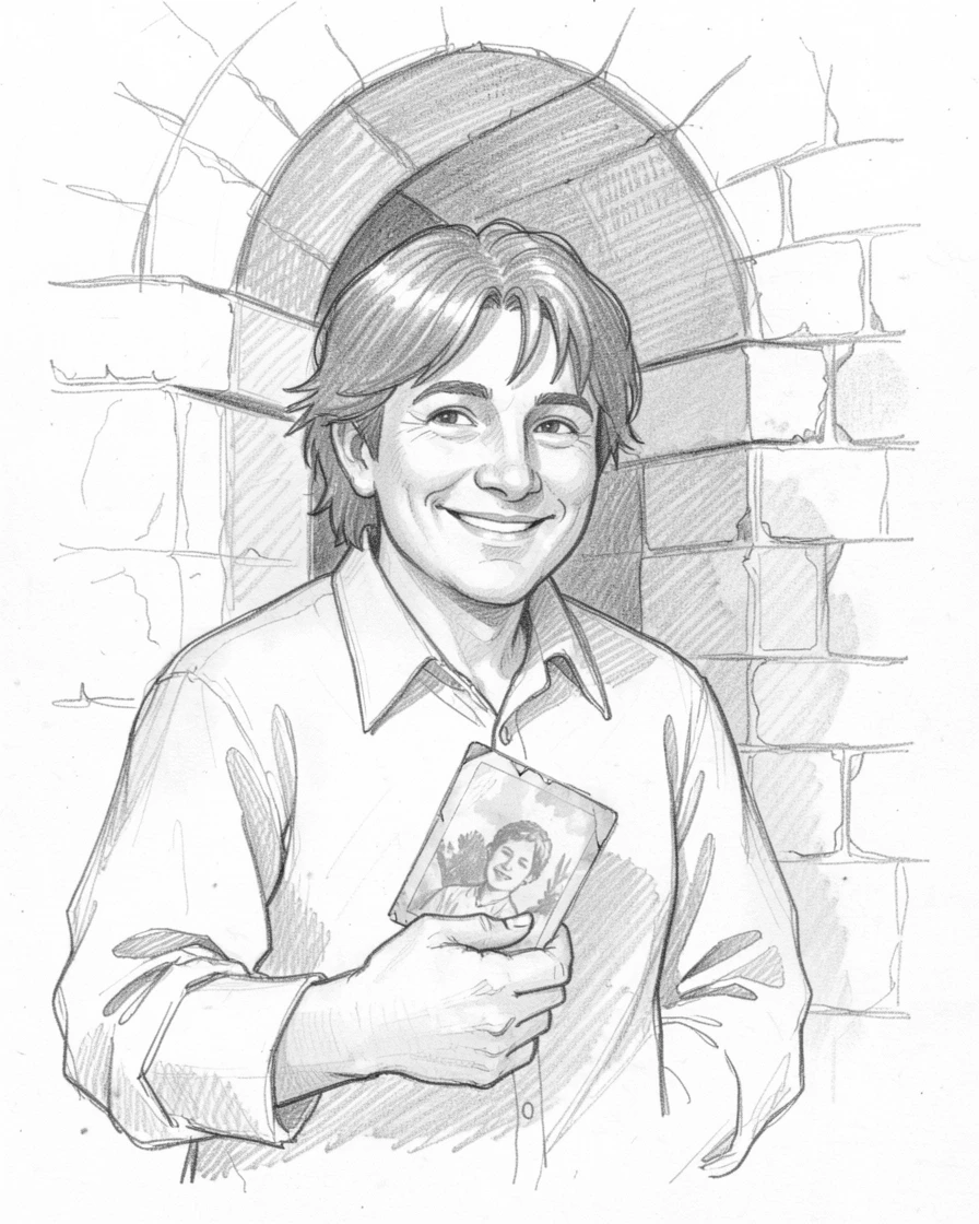A tender portrait of a cheerful street musician, clutching an old photograph, near an ancient stone archway.