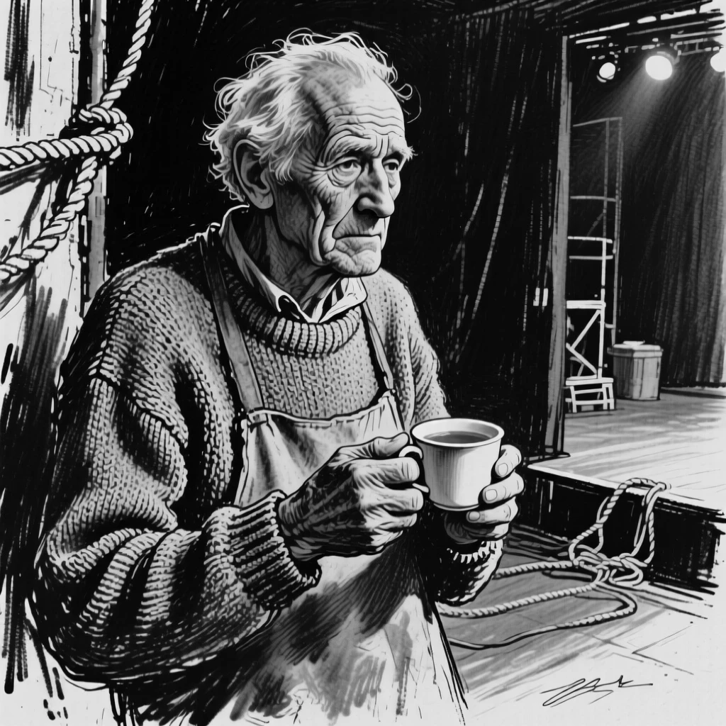 An elderly fisherman holding a cup of tea with both hands, lost in memory, backstage before a performance.