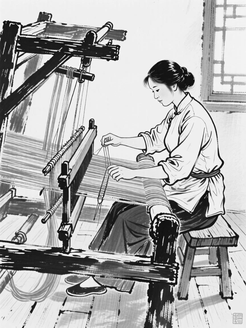 A weaver working at a large wooden loom, colorful threads stretched before her.