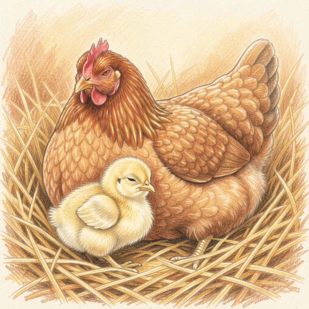 A tiny chick nestled beside its mother hen in golden straw, set against a warm, softly blurred background, evoking comfort, loyalty, and quiet companionship.