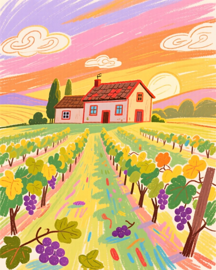 A view of a vineyard estate wrapped in golden light at sunset.