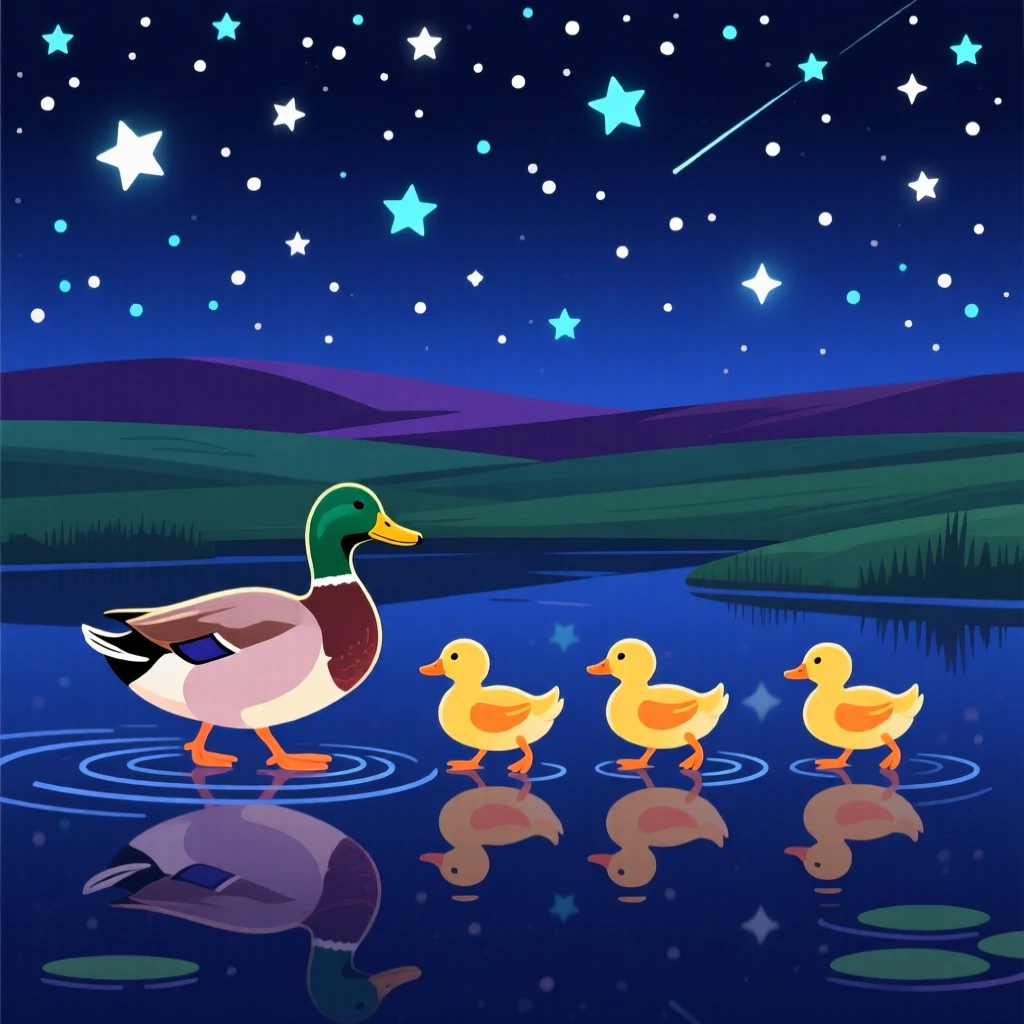 A mother duck leading a line of ducklings across a pond, set against a starry night sky over open plains, captured in profile with soft rim lighting, with vivid, richly saturated colors that pop.