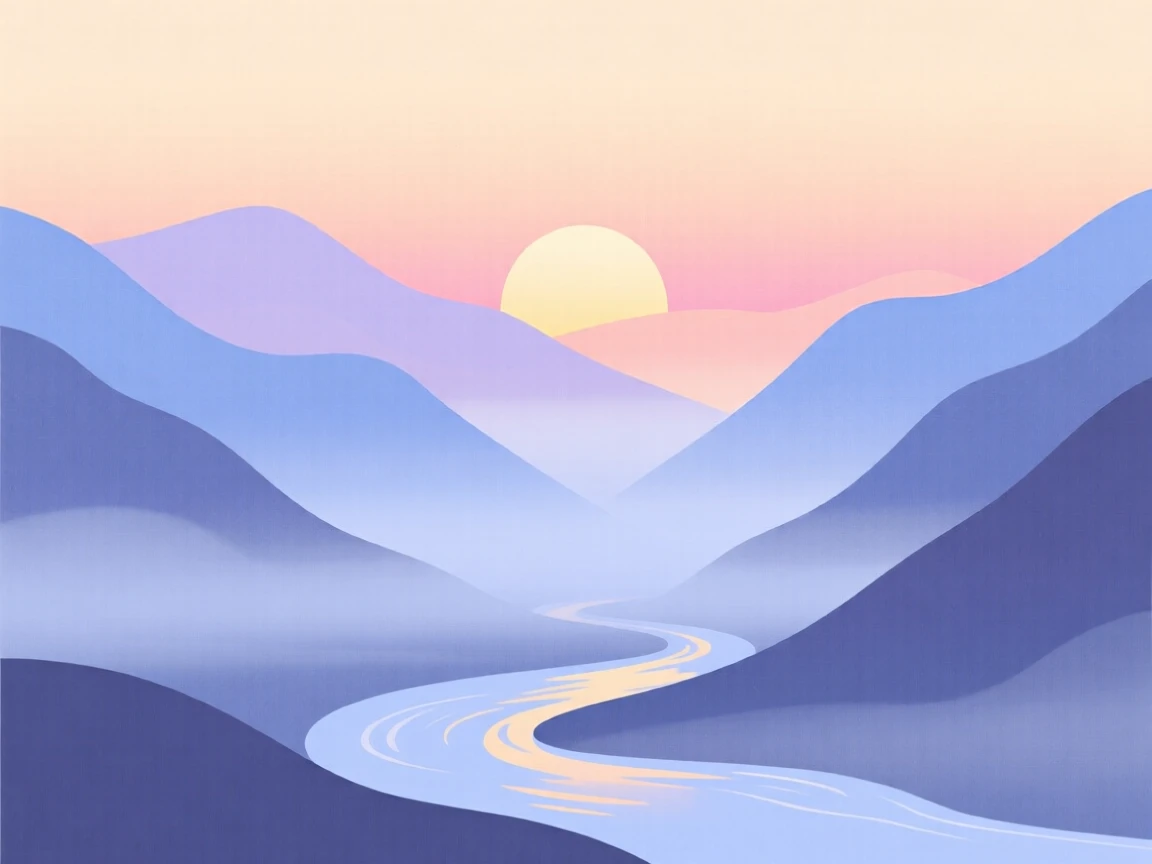 A misty mountain valley at sunrise with soft light filtering through the morning fog.