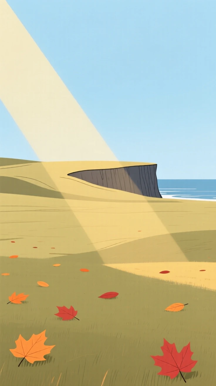 Sunlight falling across an open prairie under a wide sky as a sea cliff moves slowly past a scattering of autumn leaves, evoking gentle stillness.