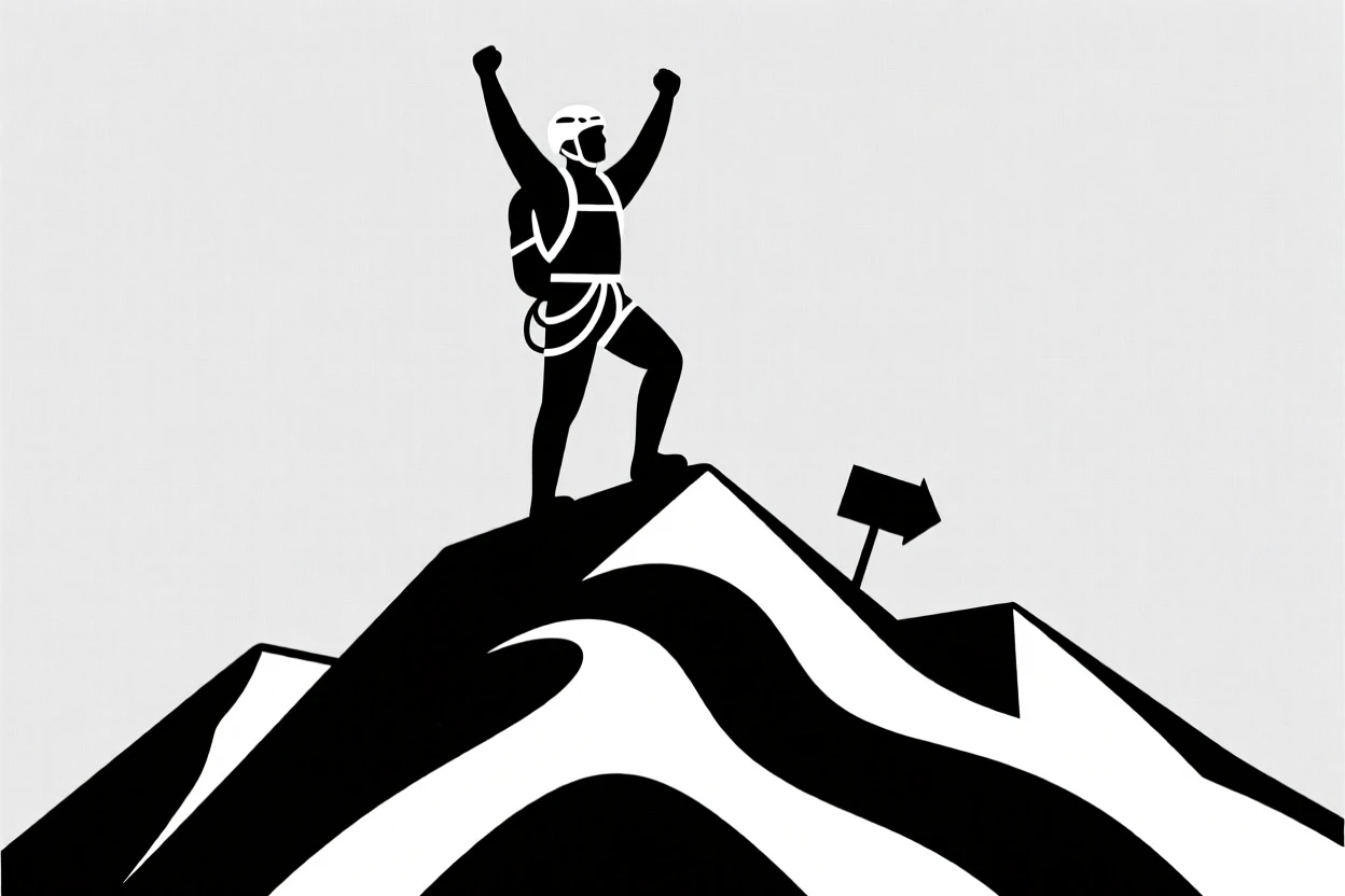 A mountaineer standing triumphantly at a summit.