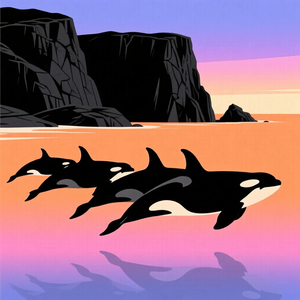 A pod of orcas swimming together in formation beneath a rocky coastline.