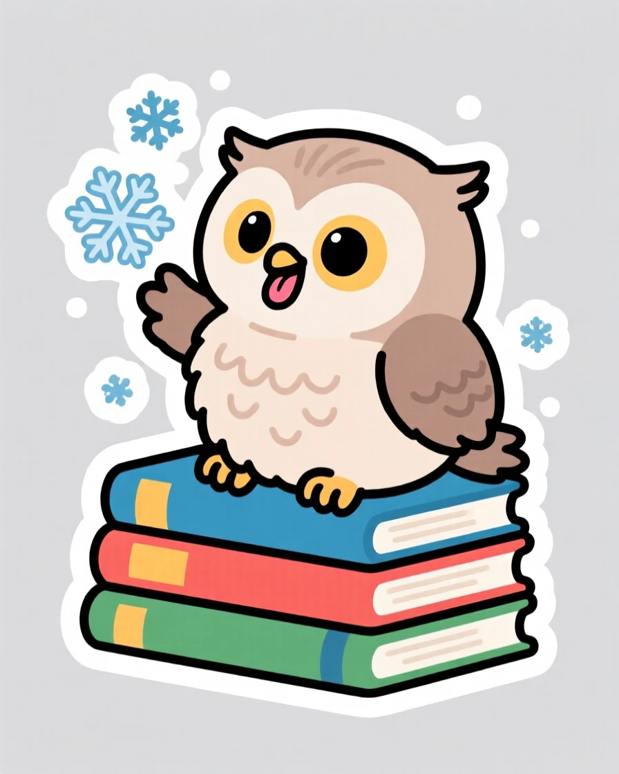 A giggling fuzzy baby owl catching snowflakes on its tongue, beside a stack of storybooks.
