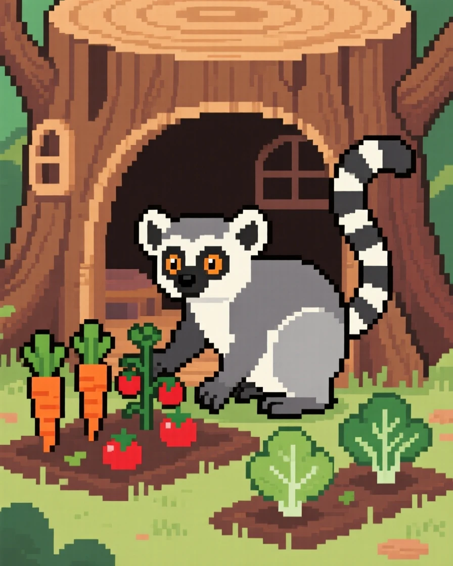 A wide-eyed lemur tending a small vegetable garden, inside a hollow tree stump home.