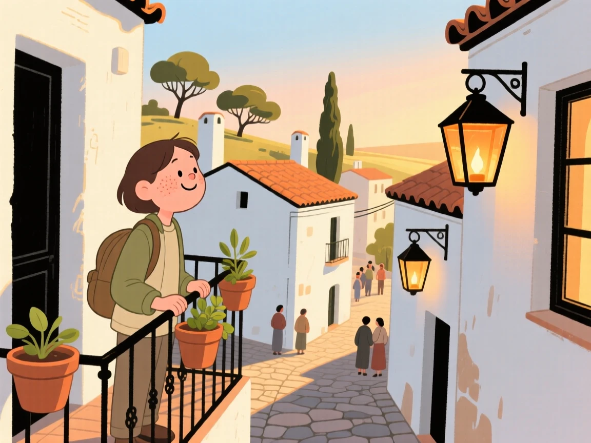 A traveler pauses on a narrow balcony overlooking a sun-drenched Mediterranean village, watching lanterns being lit one by one as the golden afternoon light settles over the scene.