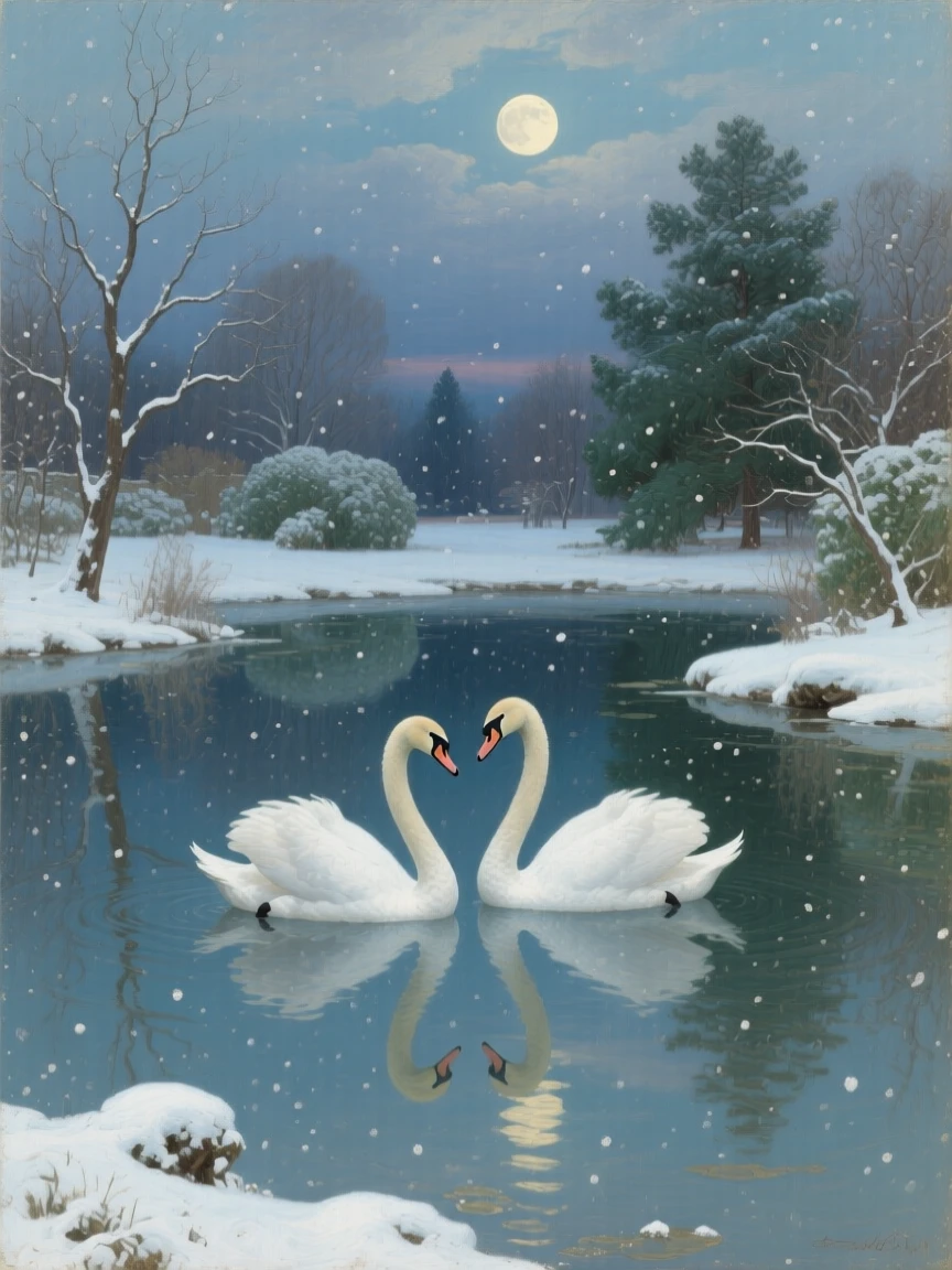A centered composition of a pair of swans gliding across a calm garden pond, in gentle falling snow, under a full moon.