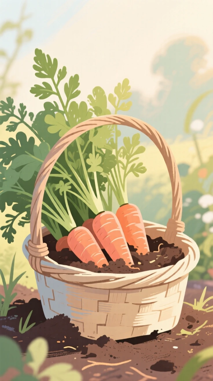 A basket of freshly dug carrots with their green tops still attached