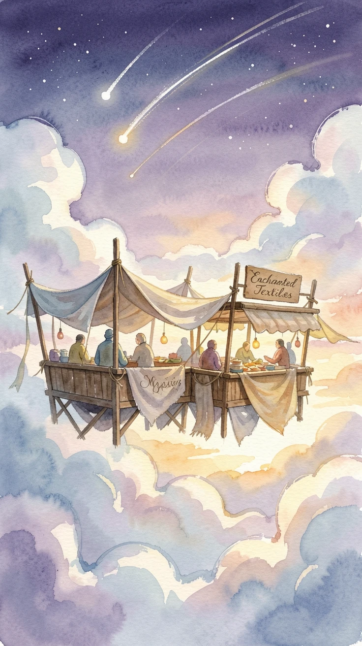 A magical marketplace floating on clouds as shooting stars streak overhead.