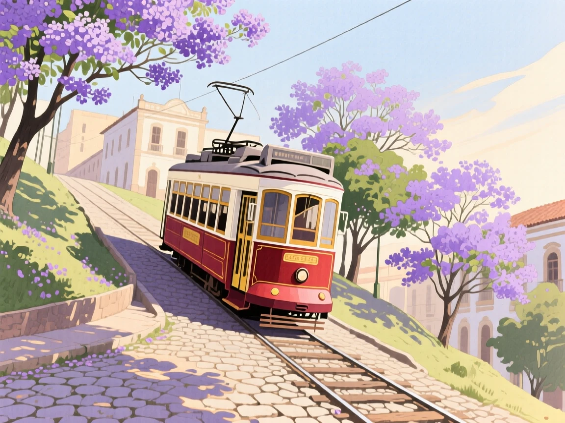 A vintage tram climbs a steep hill lined with jacaranda trees in bloom through a South American city