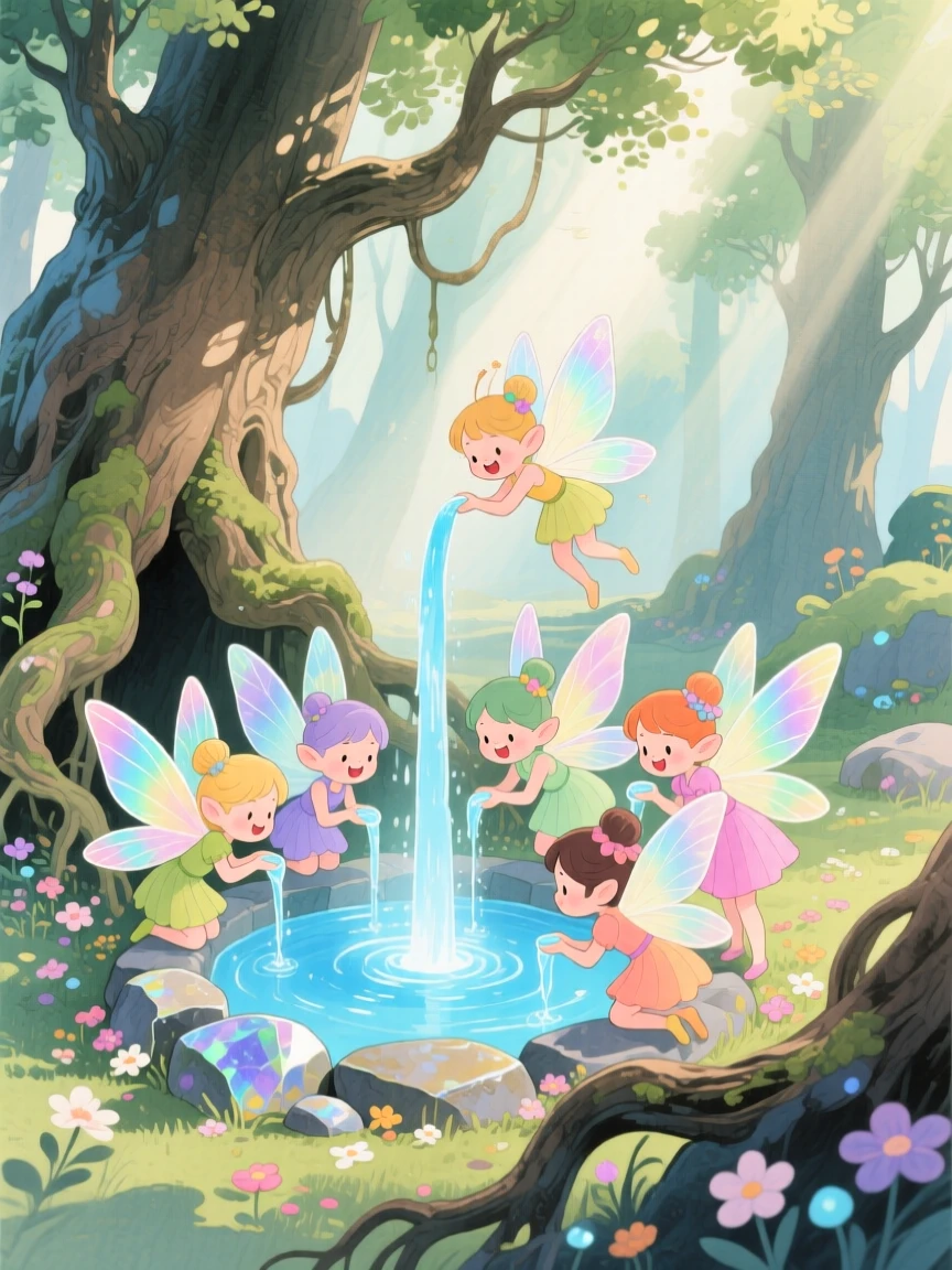 A playful group of fairies drinking from a magical spring that glows softly blue, in an ancient magical grove, evoking awe and quiet enchantment.