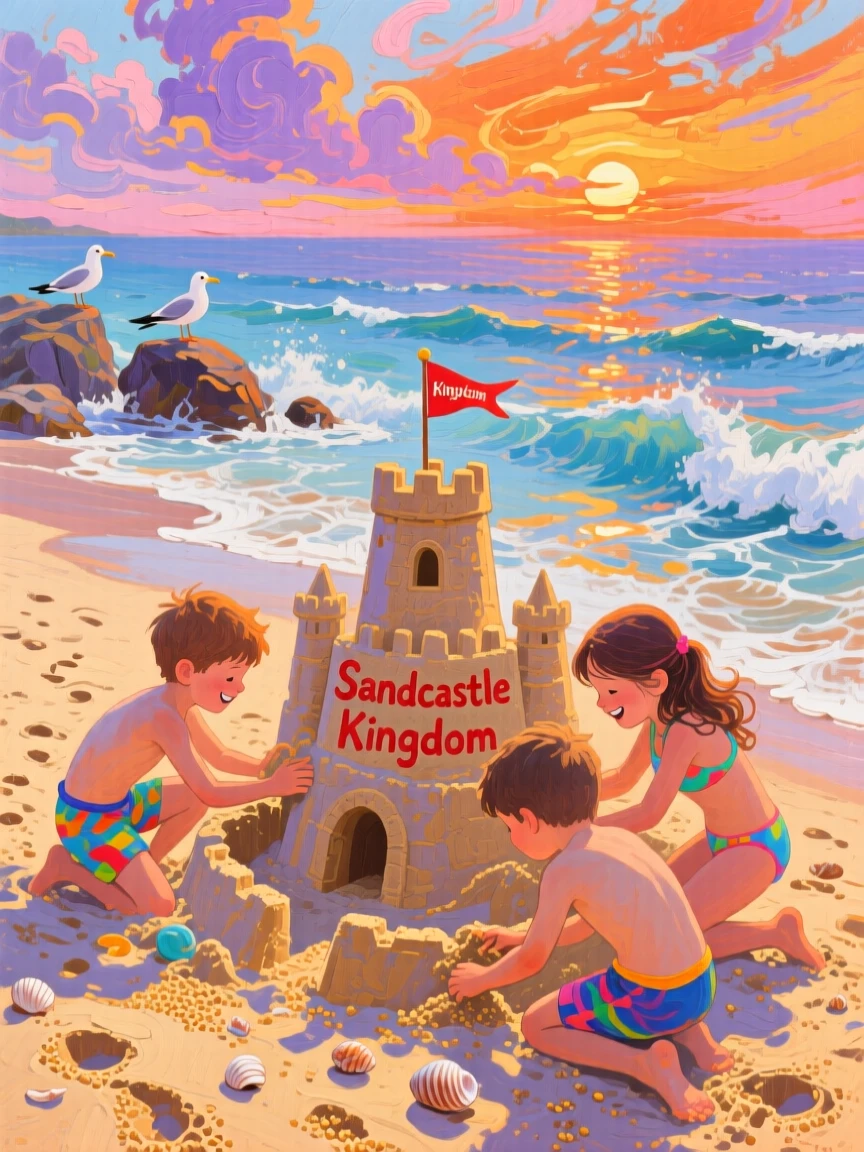 children building a sandcastle near gentle waves, at sunset, with layered visual detail from foreground to horizon.