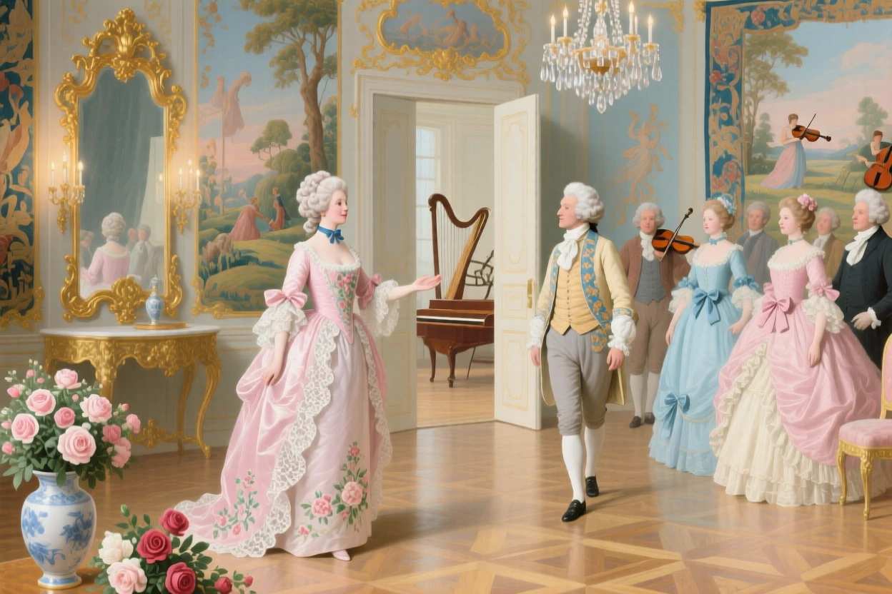 A hostess welcoming guests into a richly decorated salon before an evening concert  