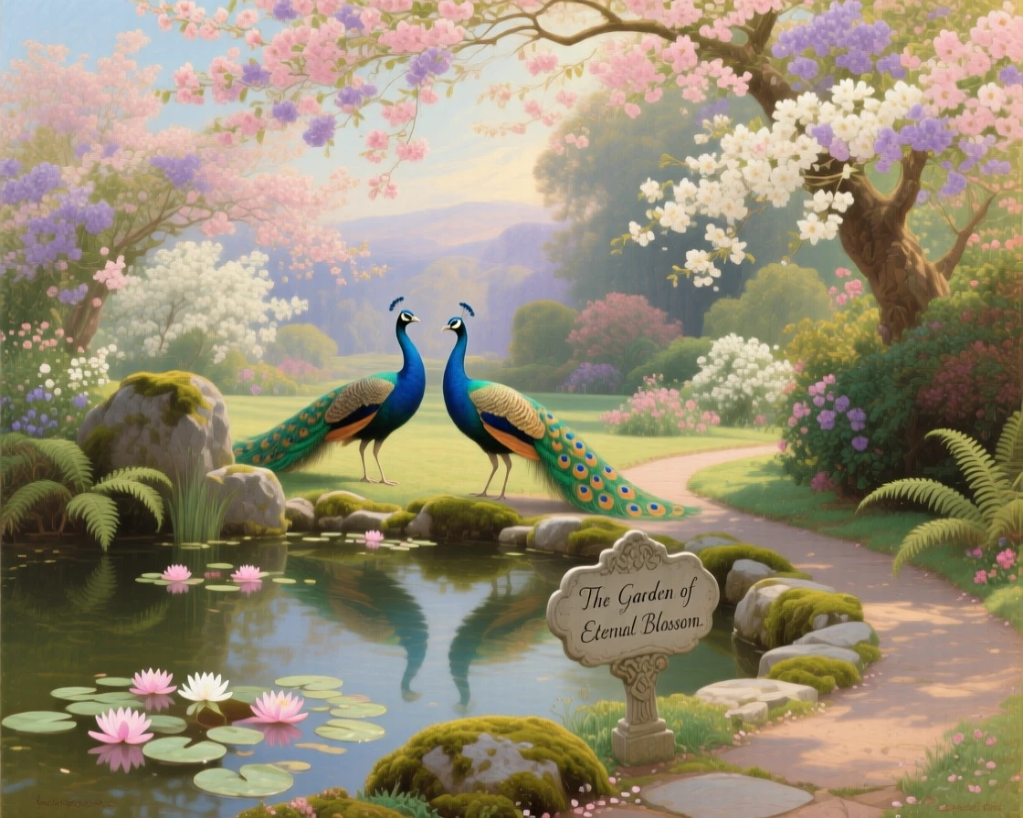 A pair of peacocks wanders the paths of a garden pond covered in water lilies beneath a canopy of blossoms.