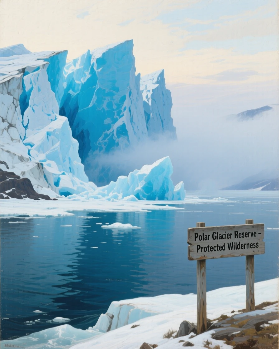 A glacier calving enormous chunks of blue ice into a polar sea, as a soft blue mist settles over the lower elevations, conveying the peaceful isolation of a place few have ever seen