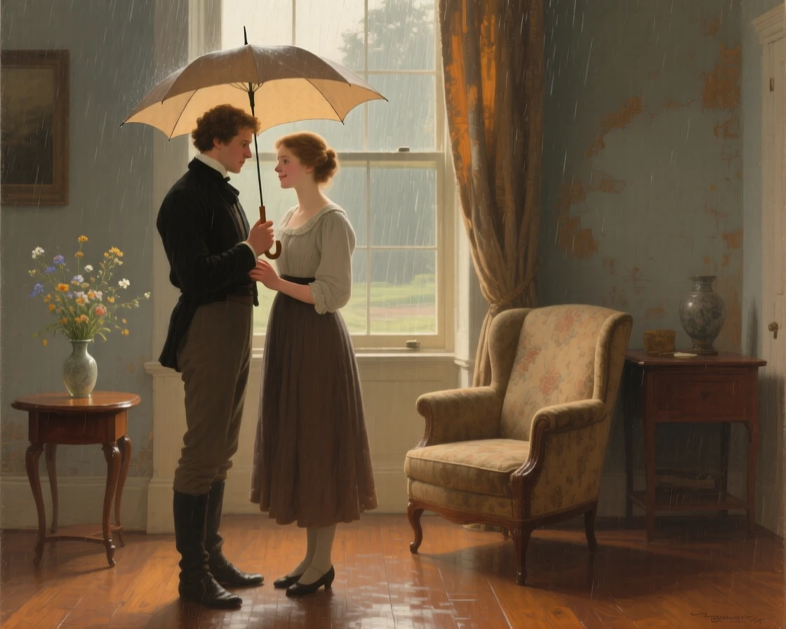 A young couple sharing an umbrella while waiting out a rainstorm as gentle affection passes easily between generations, set within a cozy home lit by late afternoon sun, with worn, familiar surroundings that speak of years shared together; the arrangement of figures suggests closeness without crowding, capturing a fleeting moment worth holding onto forever.
