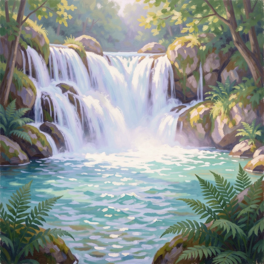 A dramatic waterfall plunging into a turquoise pool surrounded by moss-covered boulders and ferns.
