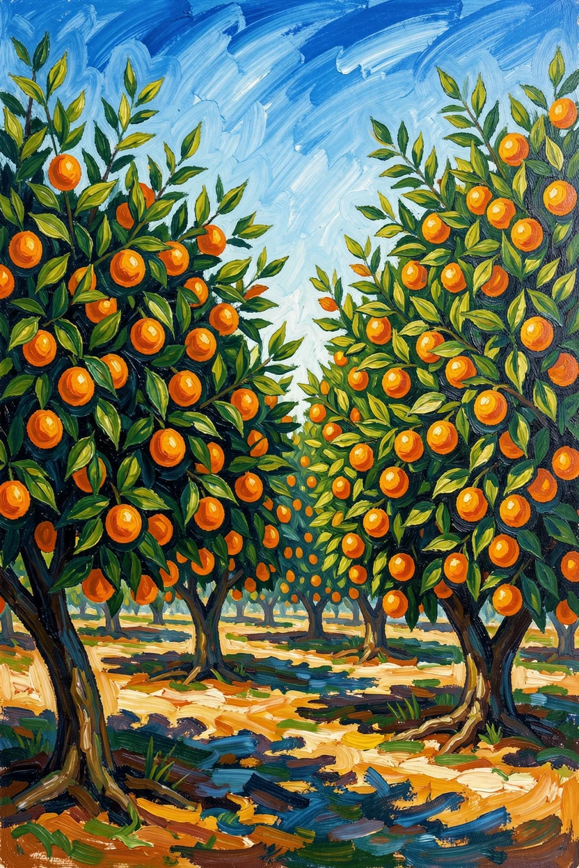A citrus grove in full bloom, rows of trees heavy with orange fruit under a blue sky.
