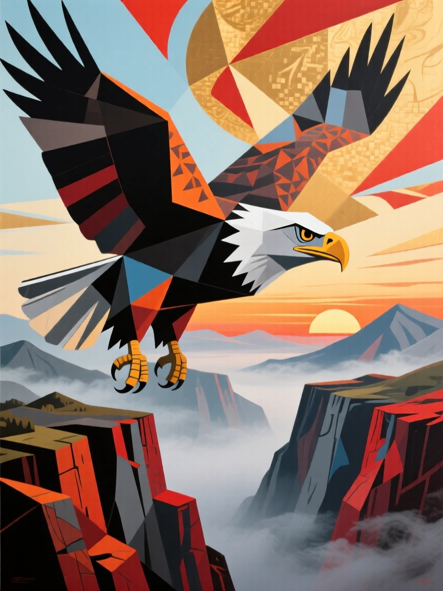 A bald eagle soaring above a misty mountain canyon at sunrise.