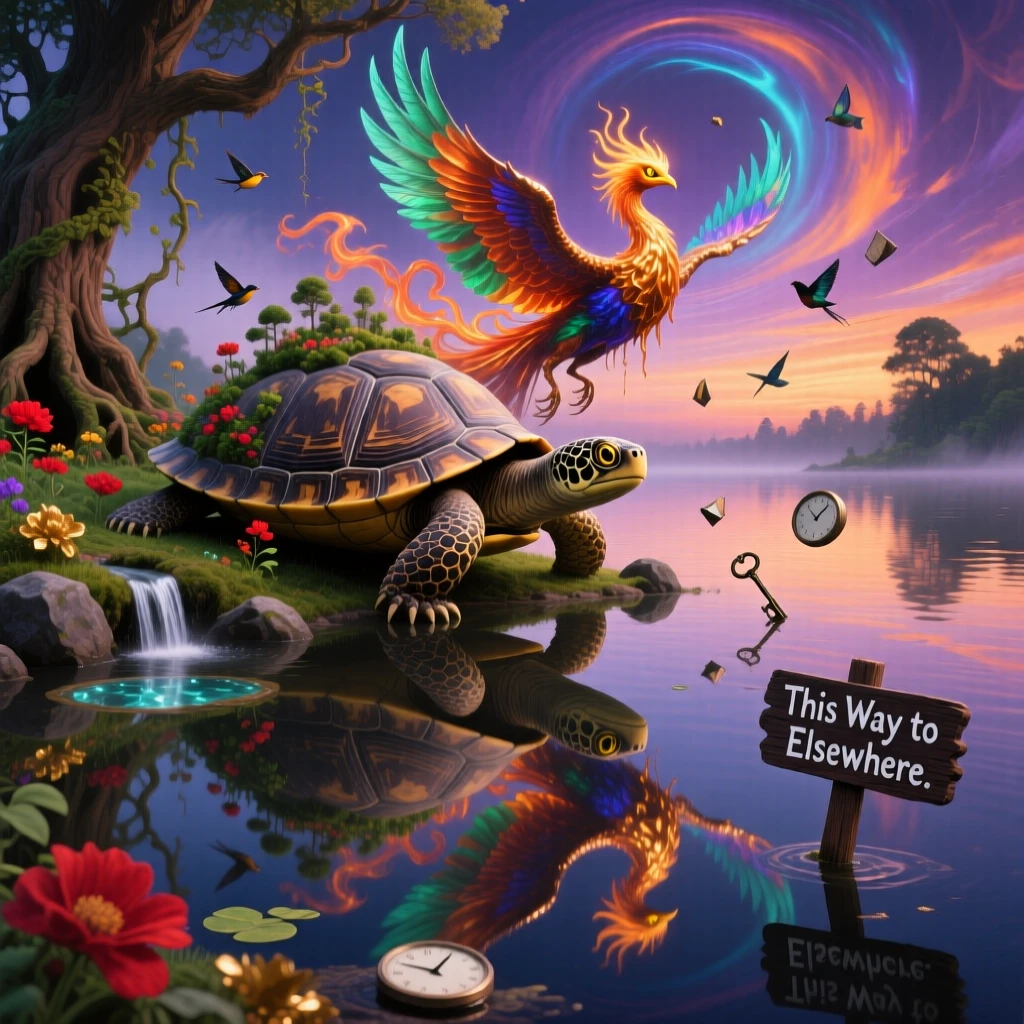A turtle carrying an entire miniature forest on its shell wanders along the edge of a mirror-smooth lake, while its reflection shows a completely different creature.