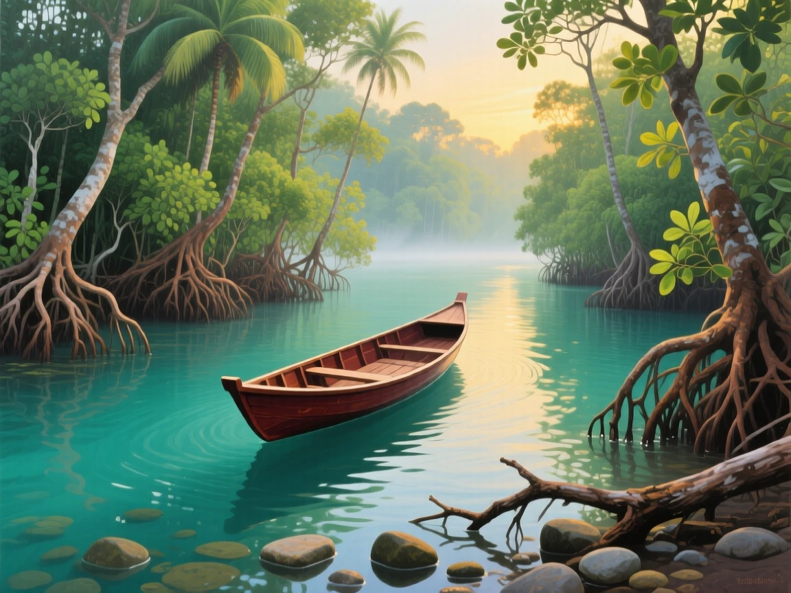 A tropical mangrove forest in Southeast Asia shows twisted roots rising from calm turquoise water, a small wooden boat gliding through the narrow channel between the trees, scattered stones and fallen branches lending a sense of quiet detail to the foreground.