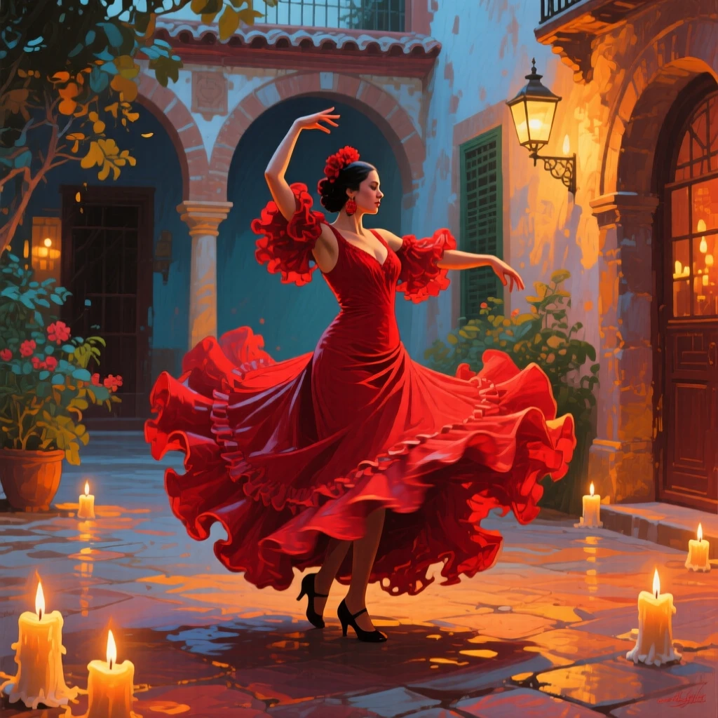 A flamenco dancer mid-spin in a candlelit Spanish courtyard, red dress flaring dramatically