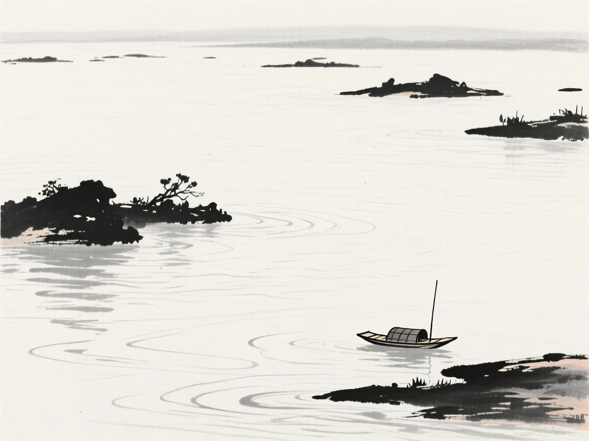 a wide lake dotted with small islands, with a single small boat drifting near the shore.