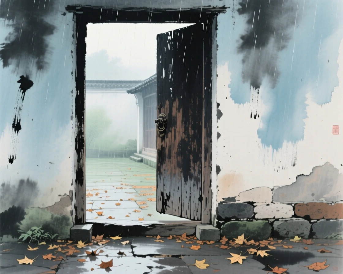 An old wooden door left ajar onto a courtyard of fallen leaves, filled with tranquil stillness, as morning mist begins to lift, beneath a sky washed clean by rain.