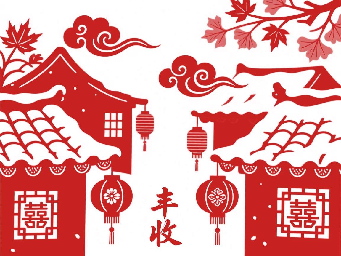 A Autumn scene of a snow-covered village rooftop, lanterns being hung in preparation for the evening.